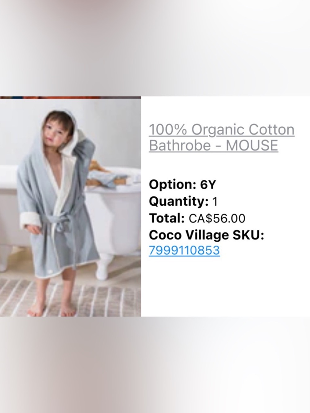 Coco Village Kids Hooded Bathrobe - Light Gray with Cream Trim